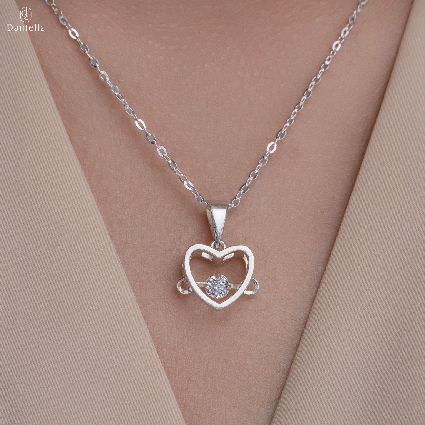 Sterling Silver 925 Dancing Heart Pendant (Silver Necklace Included)