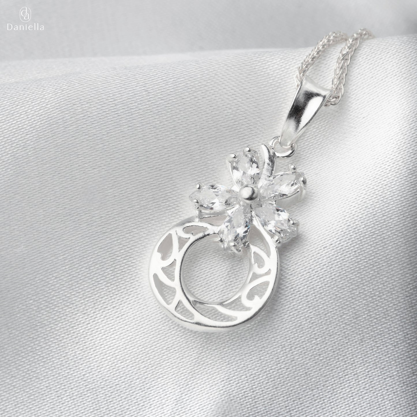 Sterling Silver 925 Dahlia Bloom Pendant (Silver Necklace Included)